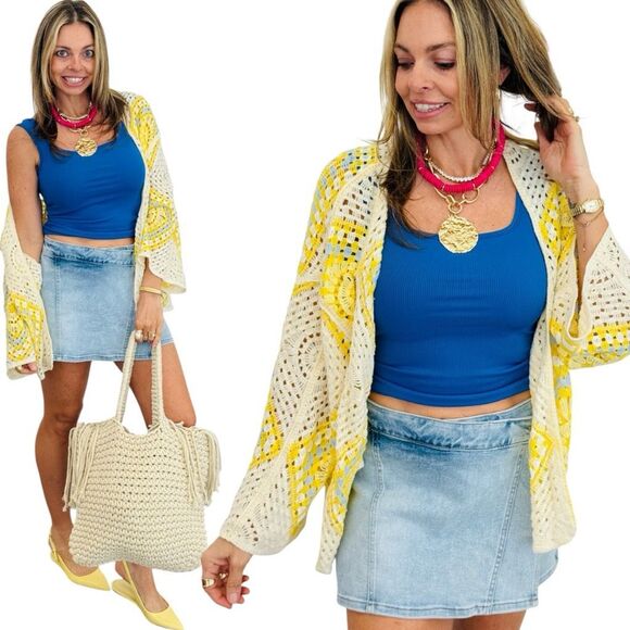 POL Crochet Granny Square Cardigan Yellow Boho Festival Layering NEW - Picture 6 of 11